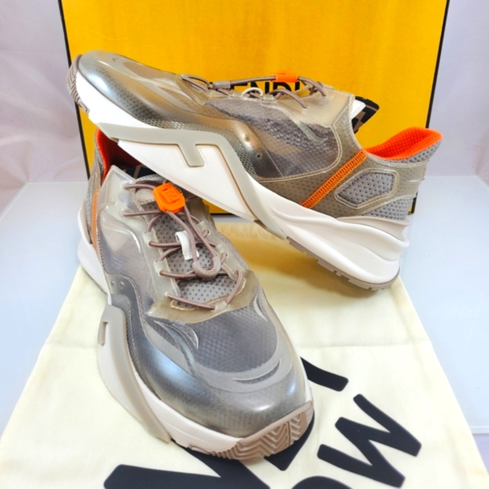 NWT$930 Fendi FLOW Beige Nylon Lowtop Leather Running Sneakers Sz US 12 Fendi 11 - Picture 15 of 16